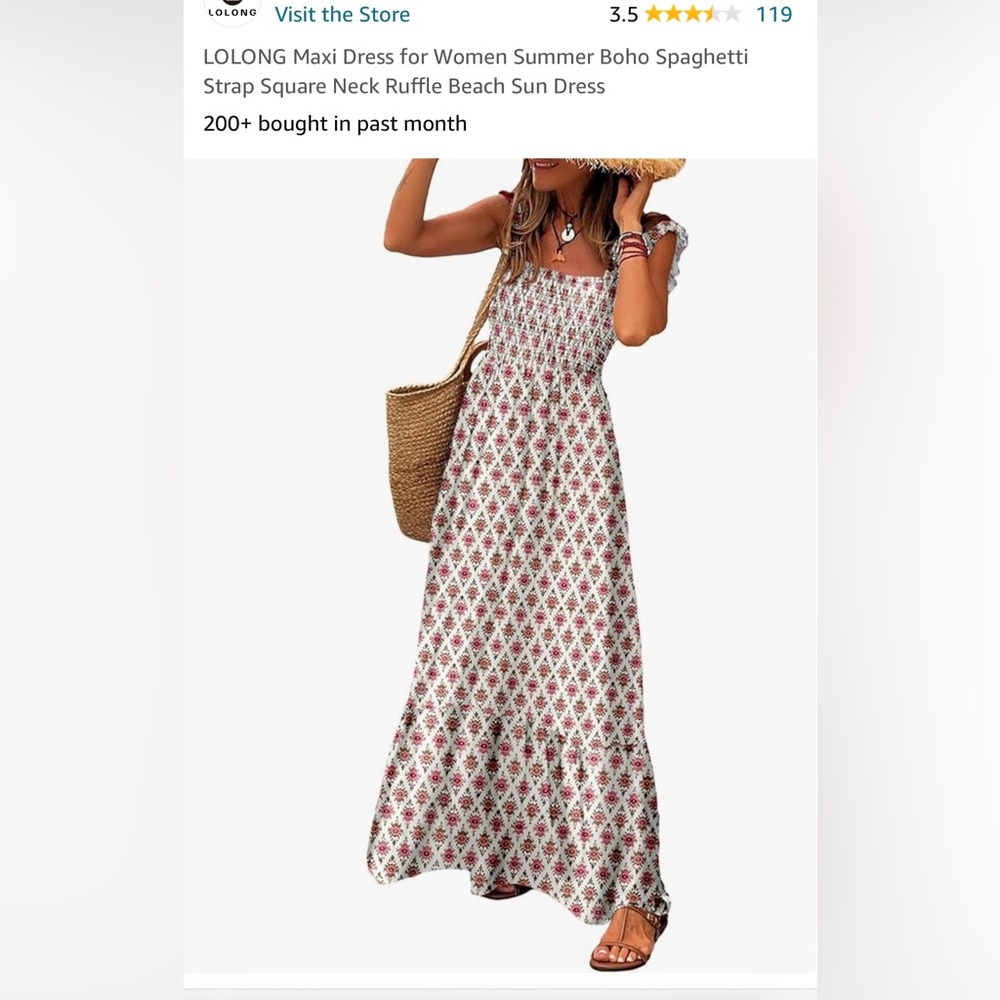 LOLONG Maxi Dress Spaghetti Strap Square Neck Ruffle Beach Sun Dress